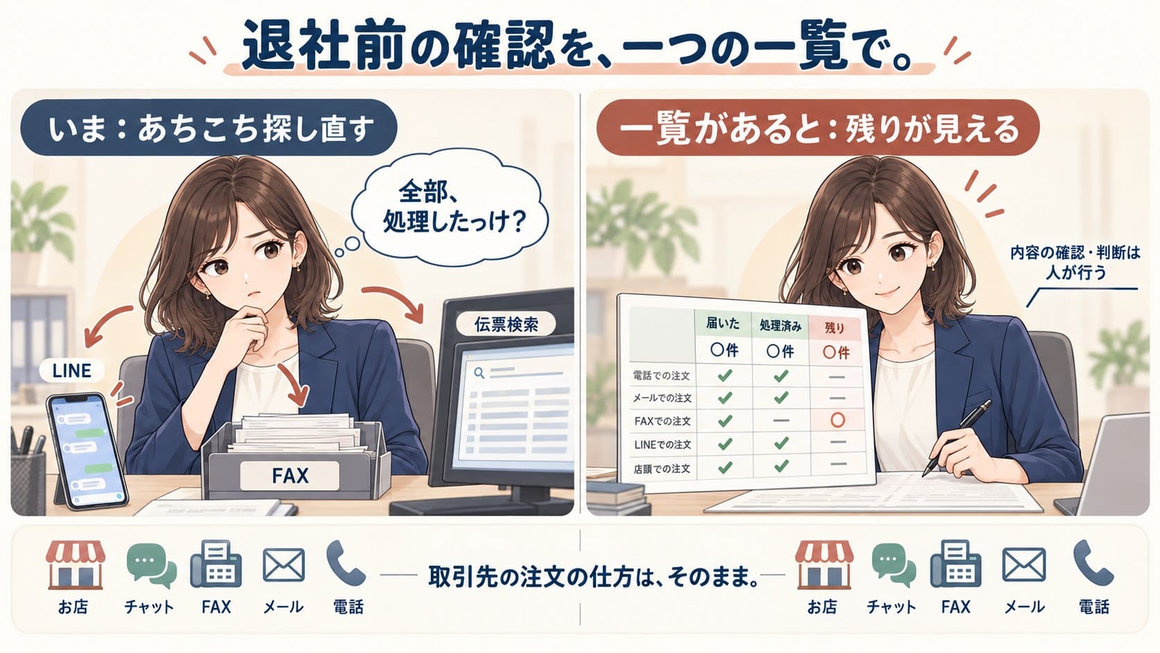 退社前に複数の場所を確認し直す様子と、届いた注文・処理した注文・残った注文が一つの一覧で見える様子の比較