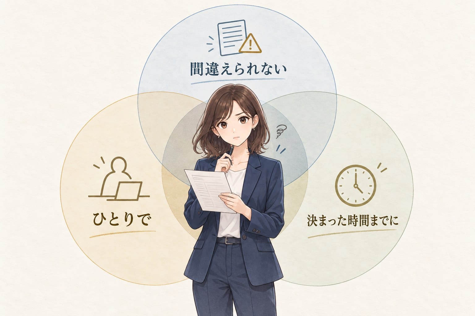 受注担当者に負担が集中する三つの条件が重なる場所を示した図