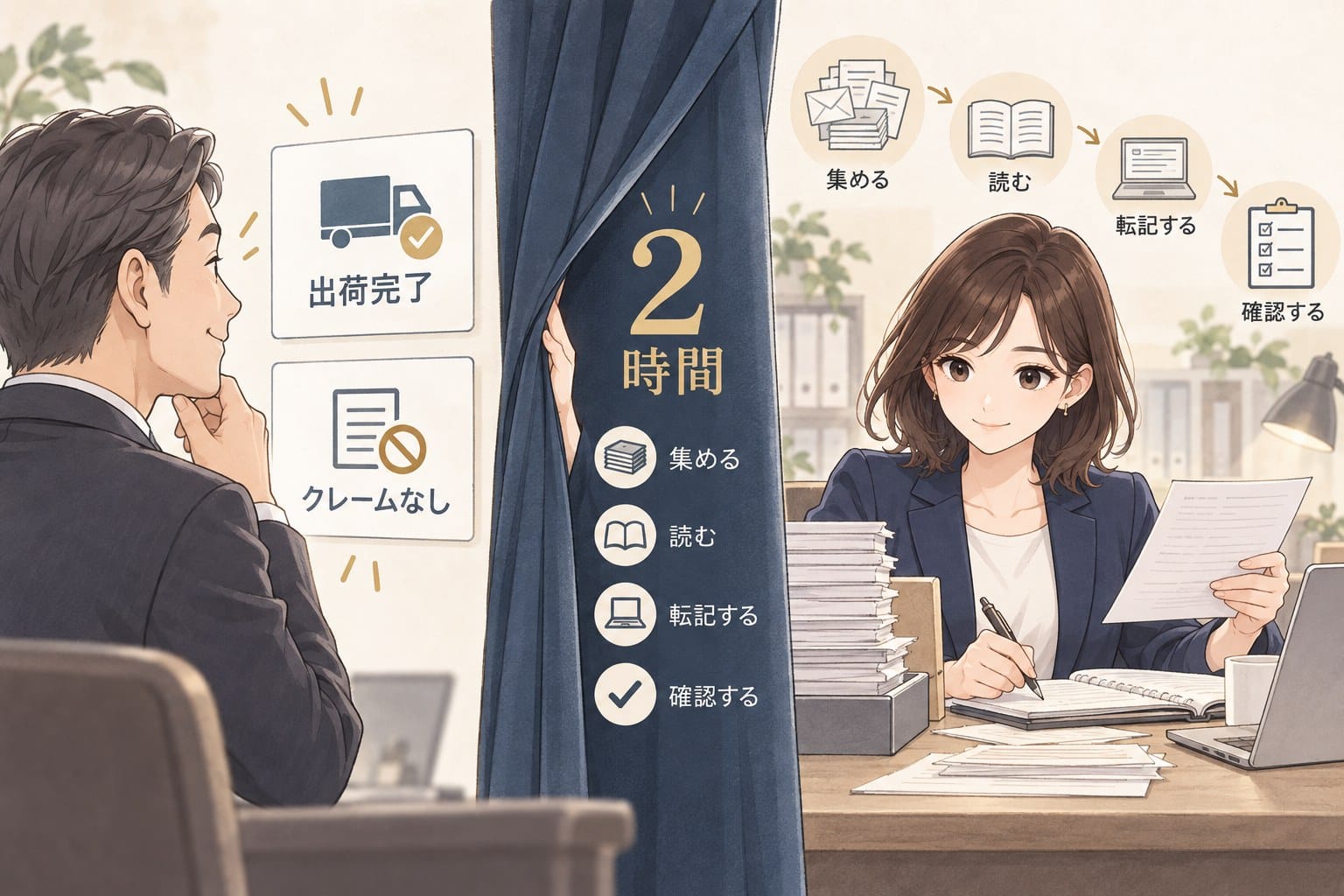 経営者から見えている結果と、担当者の朝の2時間の間にある見えない工程を示した図