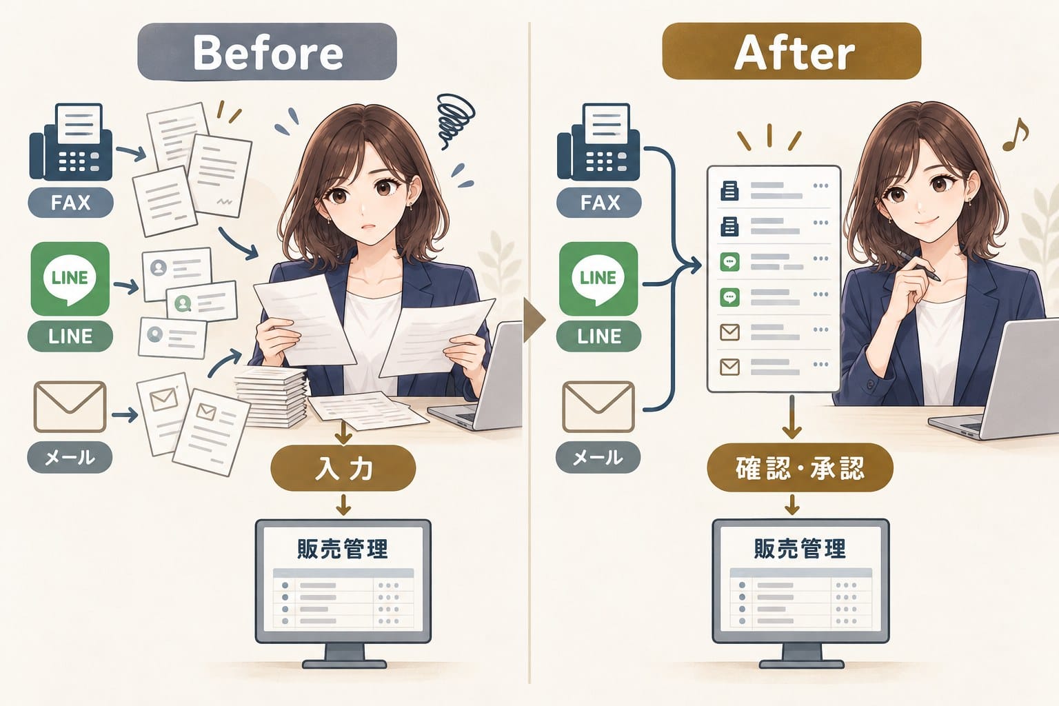 ばらばらの注文を人が読み取って入力する状態と、整理された注文を人が確認して承認する状態の比較