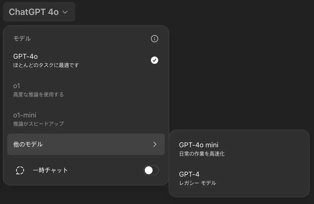 2024年12月当時のChatGPT Plusのモデル選択メニュー。GPT-4o、o1、o1-miniなどが並んでいる