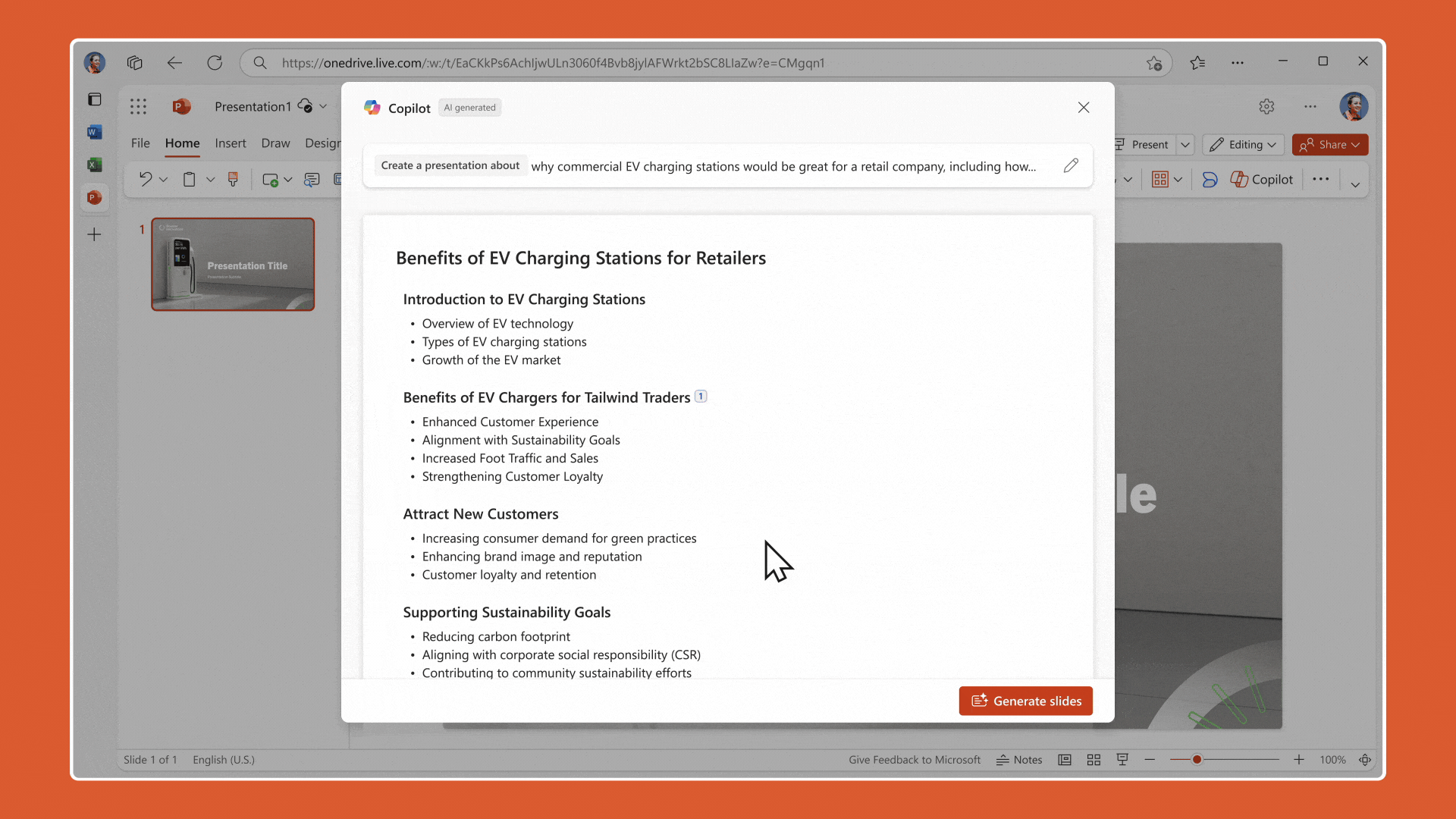 2024年当時のPowerPoint。Copilotが作ったプレゼンの構成案と［Generate slides］ボタン