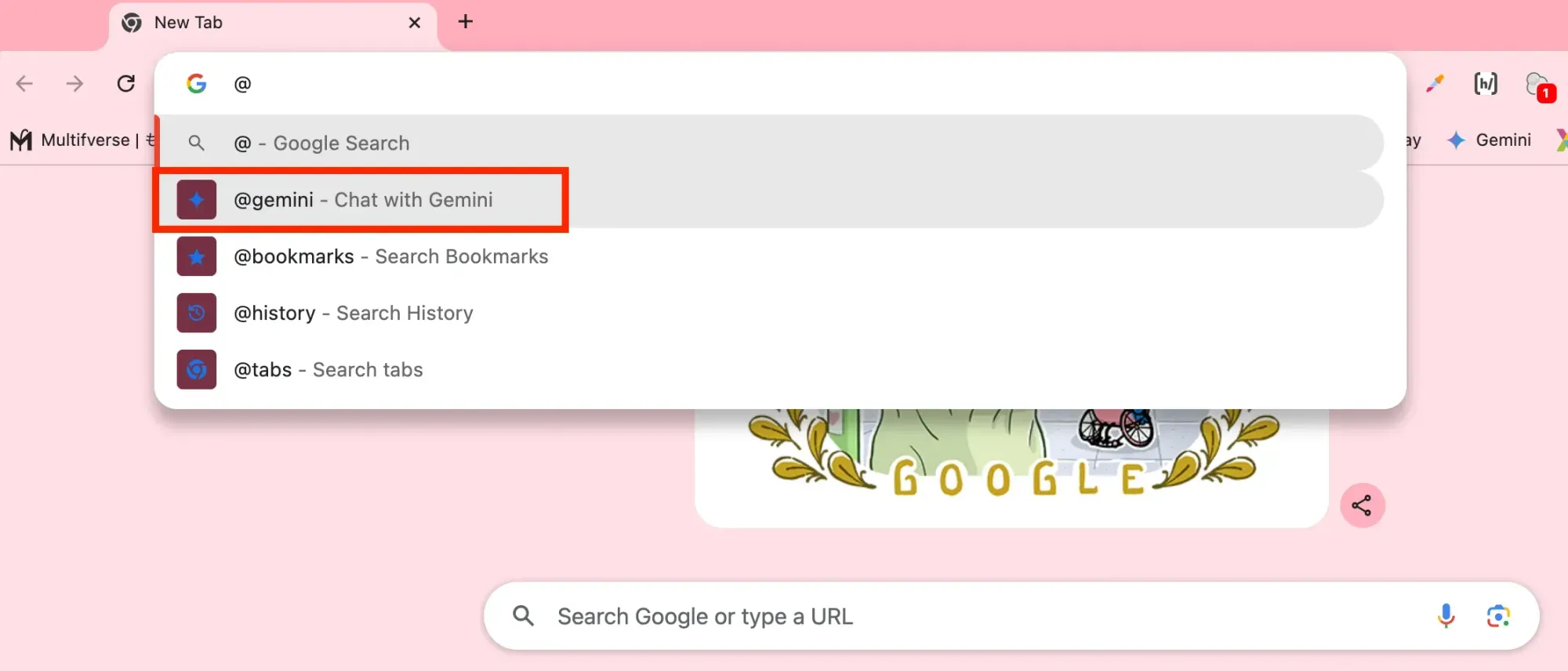 2024年当時のChromeのアドレスバー。「@」を入力すると「Chat with Gemini」の候補が表示されている