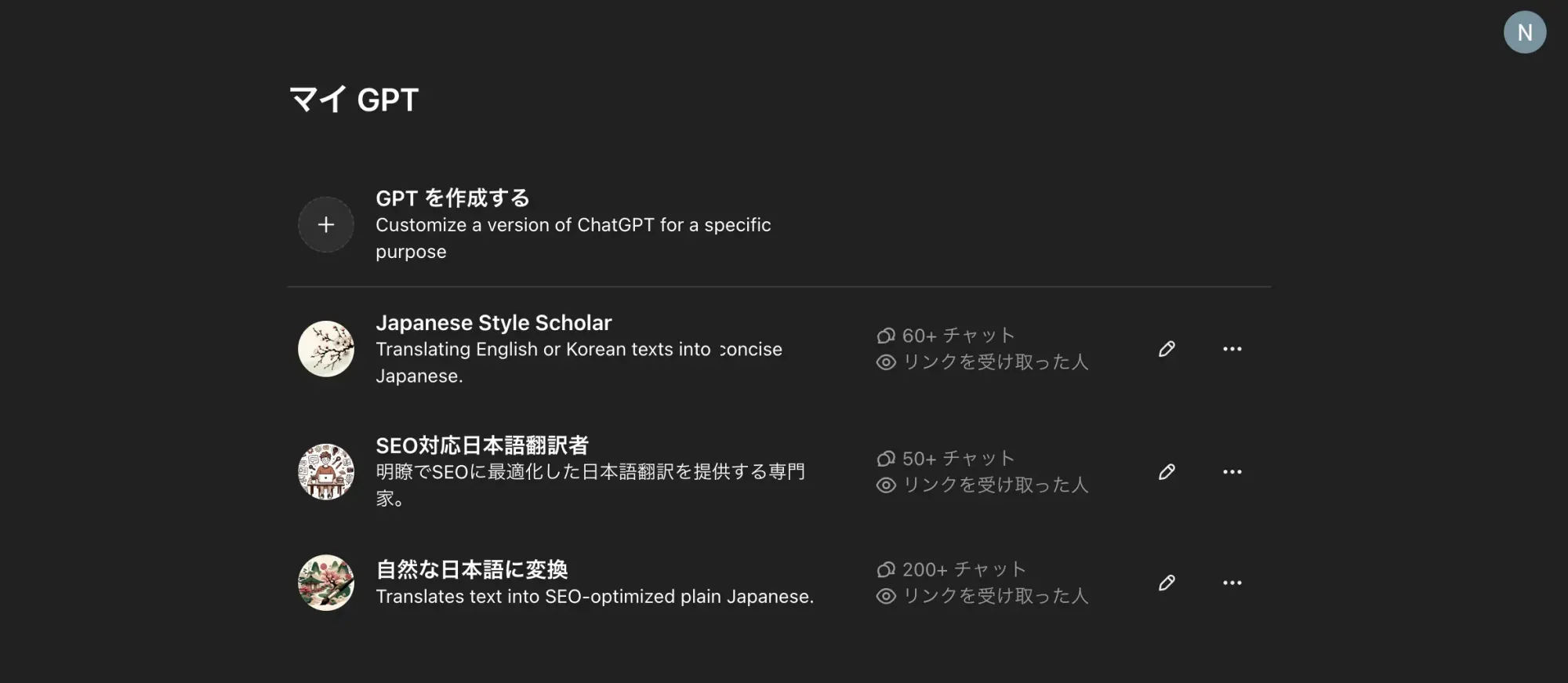 2024年8月当時の「マイ GPT」の画面。自分で作った3つの翻訳用GPTと、それぞれのチャット数と共有範囲が並んでいる