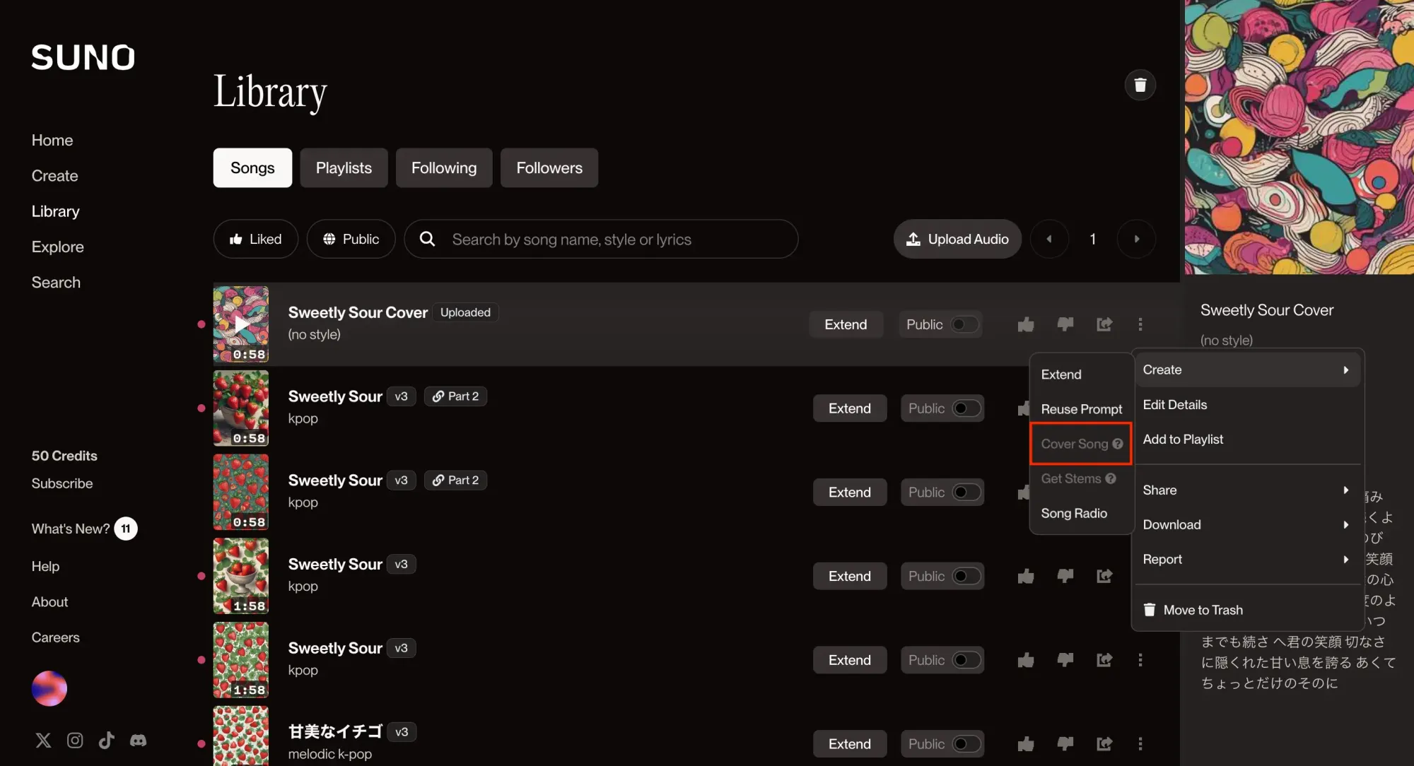 Suno's library screen in September 2024, choosing Cover Song under Create
