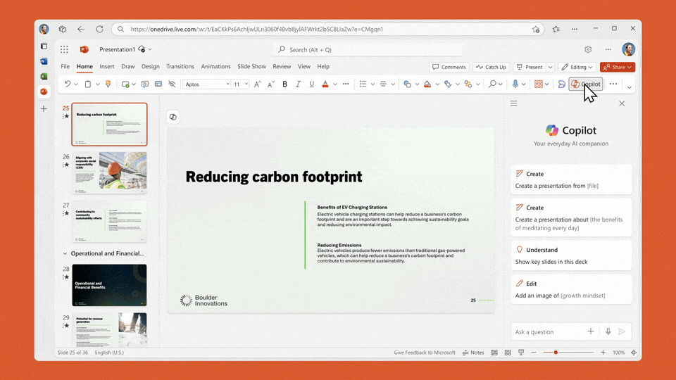 2024年当時のWeb版PowerPoint。リボンのCopilotボタンを押すと、右側にCopilotの作業ウィンドウが開く