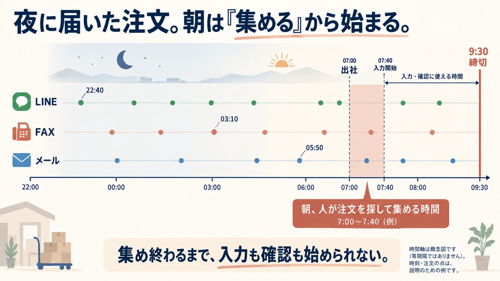 夜のあいだに複数の経路から届いた注文を、朝に担当者が集める時間帯を示した図