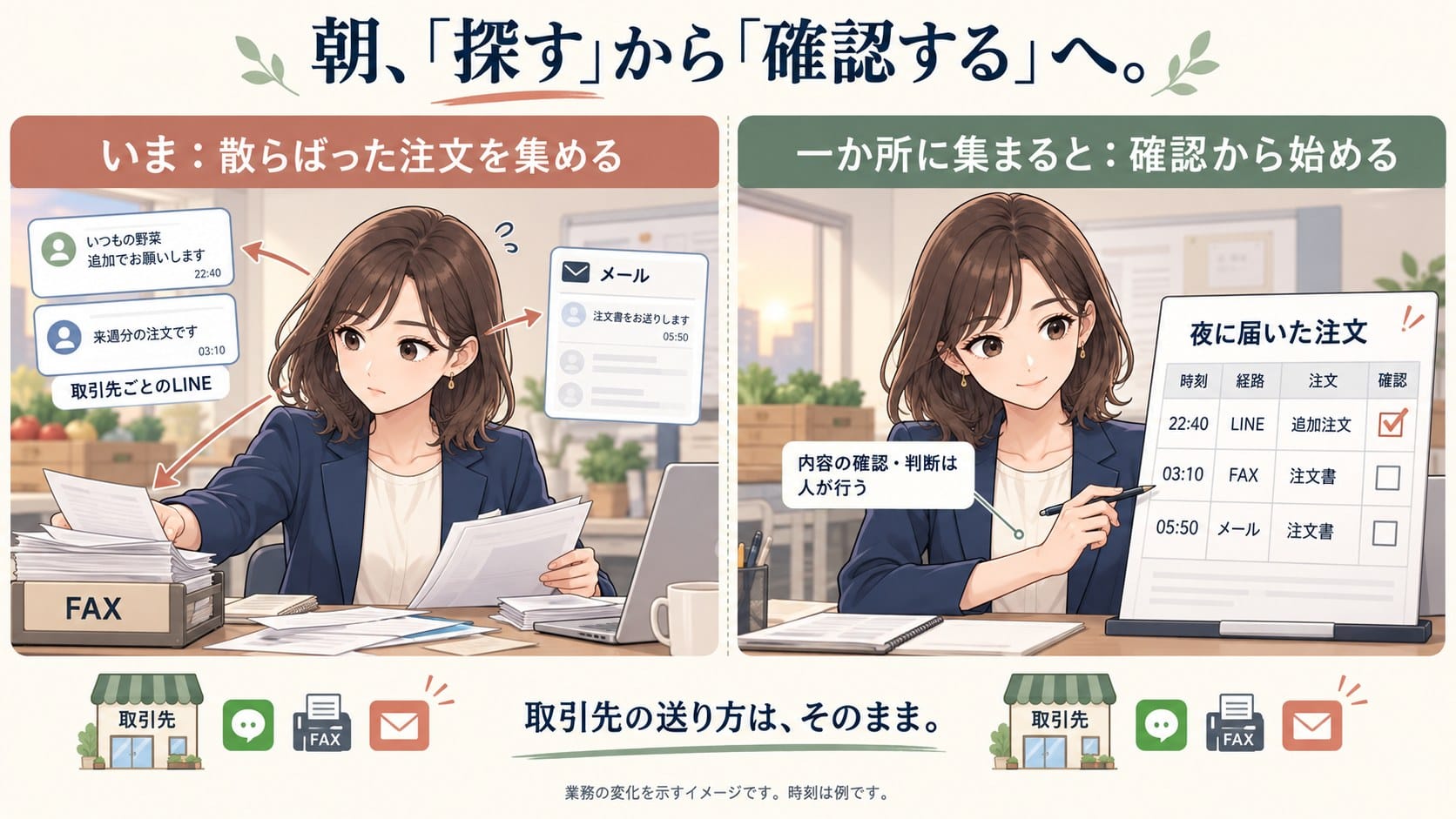 夜のあいだに散らばって届いた注文を朝に人が集める様子と、注文が一か所に集まっていて確認から始められる様子の比較