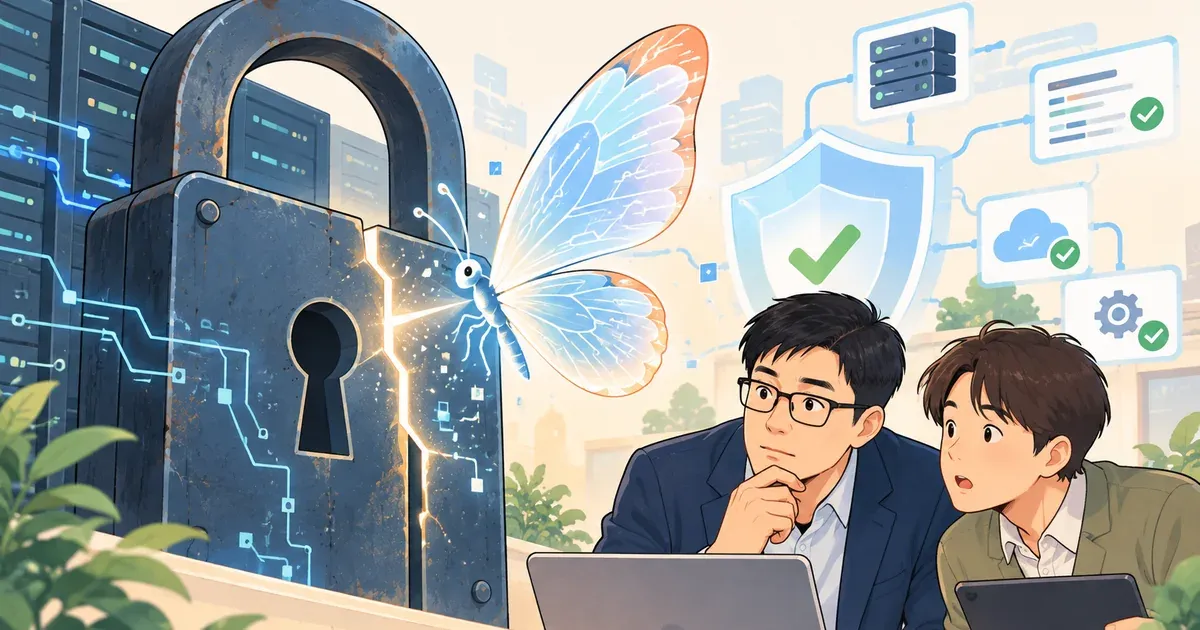 Jeensuk Yang and a colleague examine a crack in an old lock as a transparent butterfly emerges