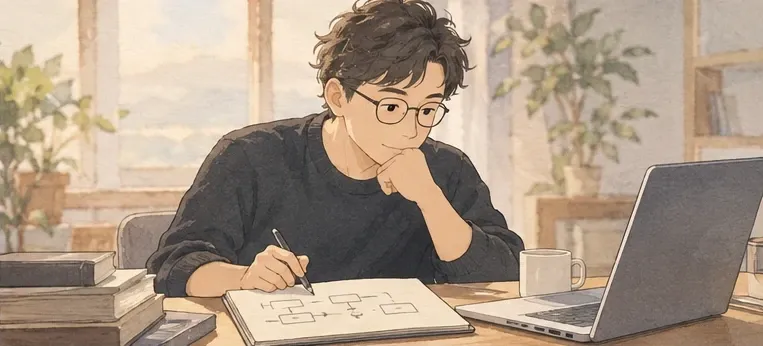 창가 책상에서 노트북을 옆에 두고, 공책에 네모 상자와 화살표로 일의 흐름을 그리며 턱을 괸 양진석 대표