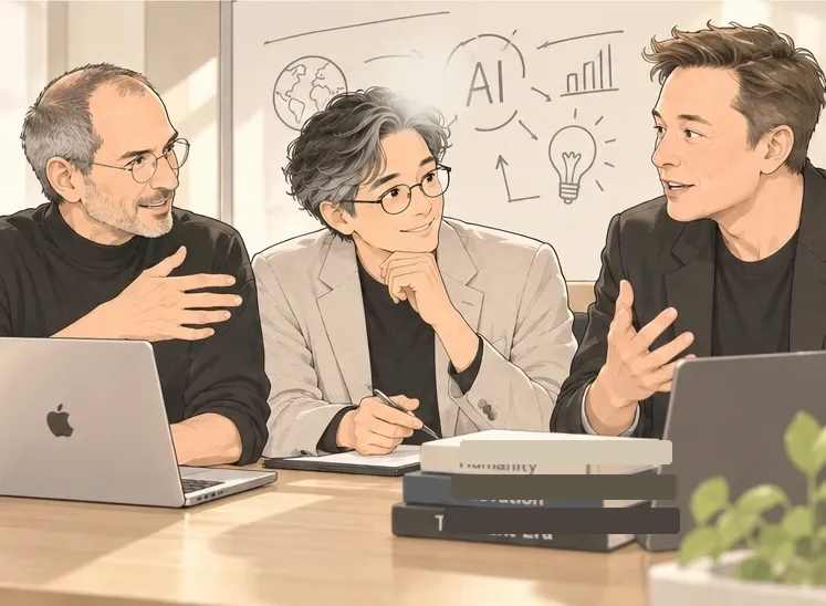 AI와 전구가 그려진 화이트보드 앞, 스티브 잡스와 일론 머스크를 닮은 두 사람이 양쪽에서 이야기하고 가운데의 양진석 대표가 턱을 괴고 듣는 상상 속 회의 장면