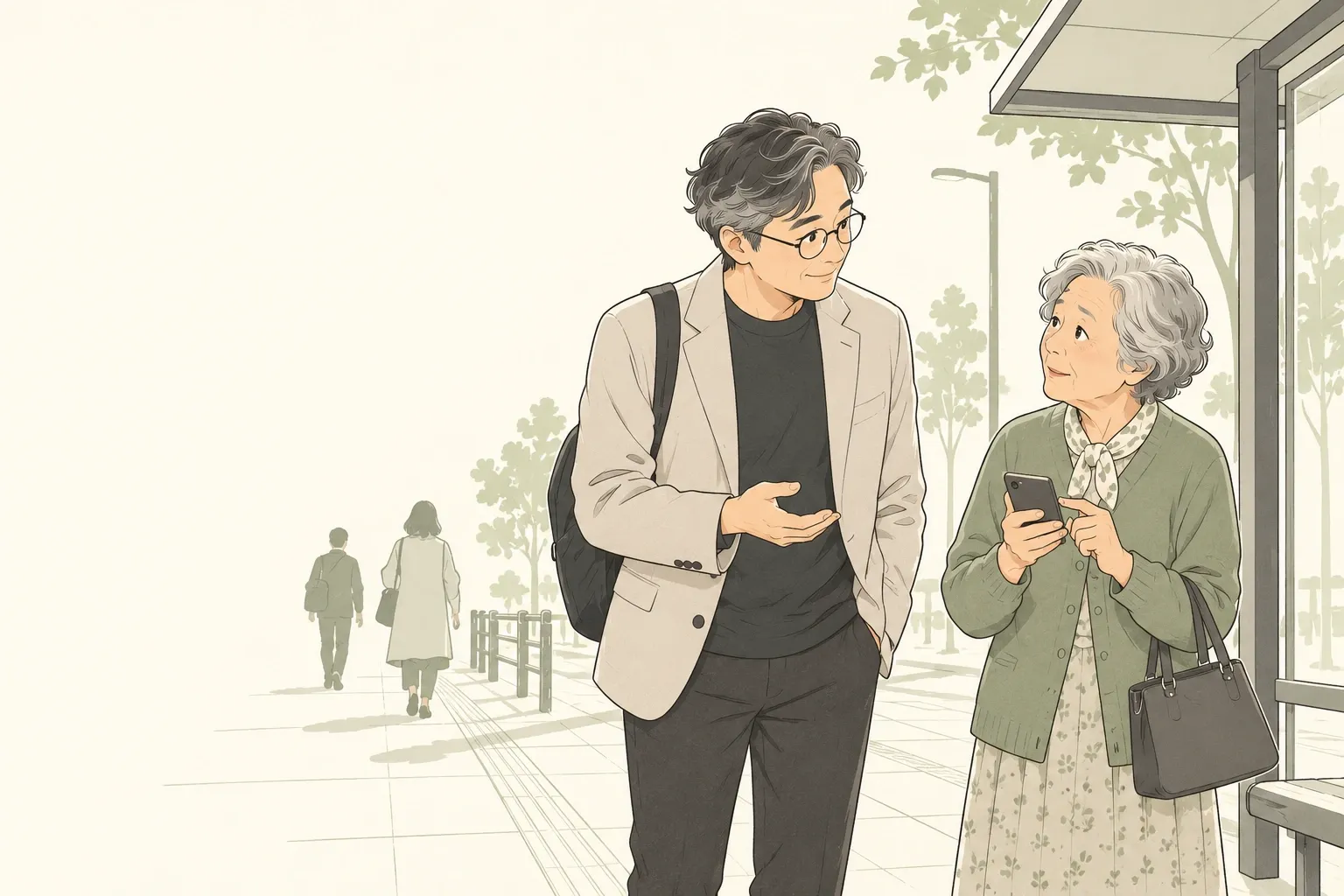 사람들이 바쁘게 지나가는 길가 버스 정류장에서 걸음을 멈추고, 스마트폰을 든 채 망설이는 할머니를 돌아보며 이야기를 건네는 양진석 대표