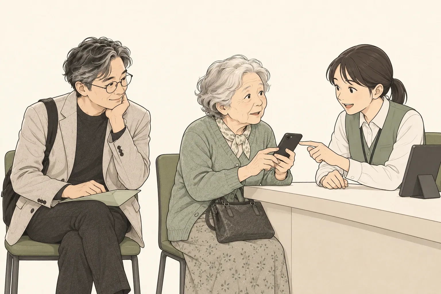 휴대폰 판매점 카운터에서 스마트폰을 든 할머니에게 직원이 화면을 가리키며 설명하고, 옆자리에서 차례를 기다리던 양진석 대표가 턱을 괴고 그 대화를 듣고 있는 모습