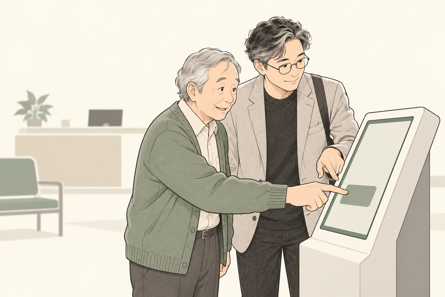 병원 접수 키오스크 앞에서 화면을 가리키며 망설이는 할아버지 곁에 양진석 대표가 몸을 기울여 함께 화면을 살펴보는 모습