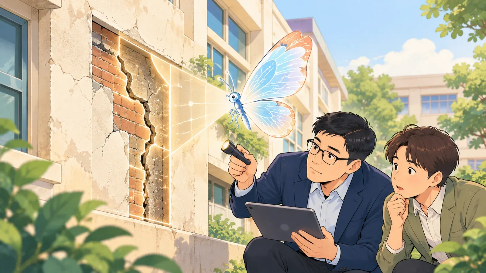 오래된 건물 벽의 균열을 손전등과 태블릿으로 살펴보는 양진석 대표와 담당자, 균열 위에 투명한 나비