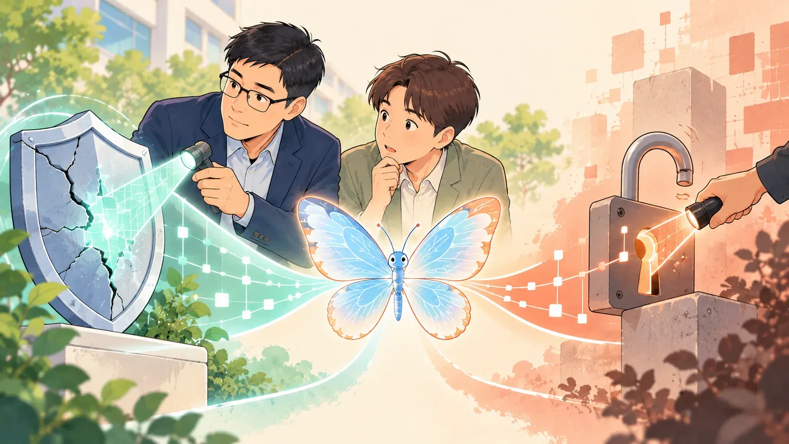같은 나비의 빛이 한쪽은 금 간 방패를 비추고 다른 쪽은 자물쇠를 비추는 모습, 지키는 손과 여는 손의 비유