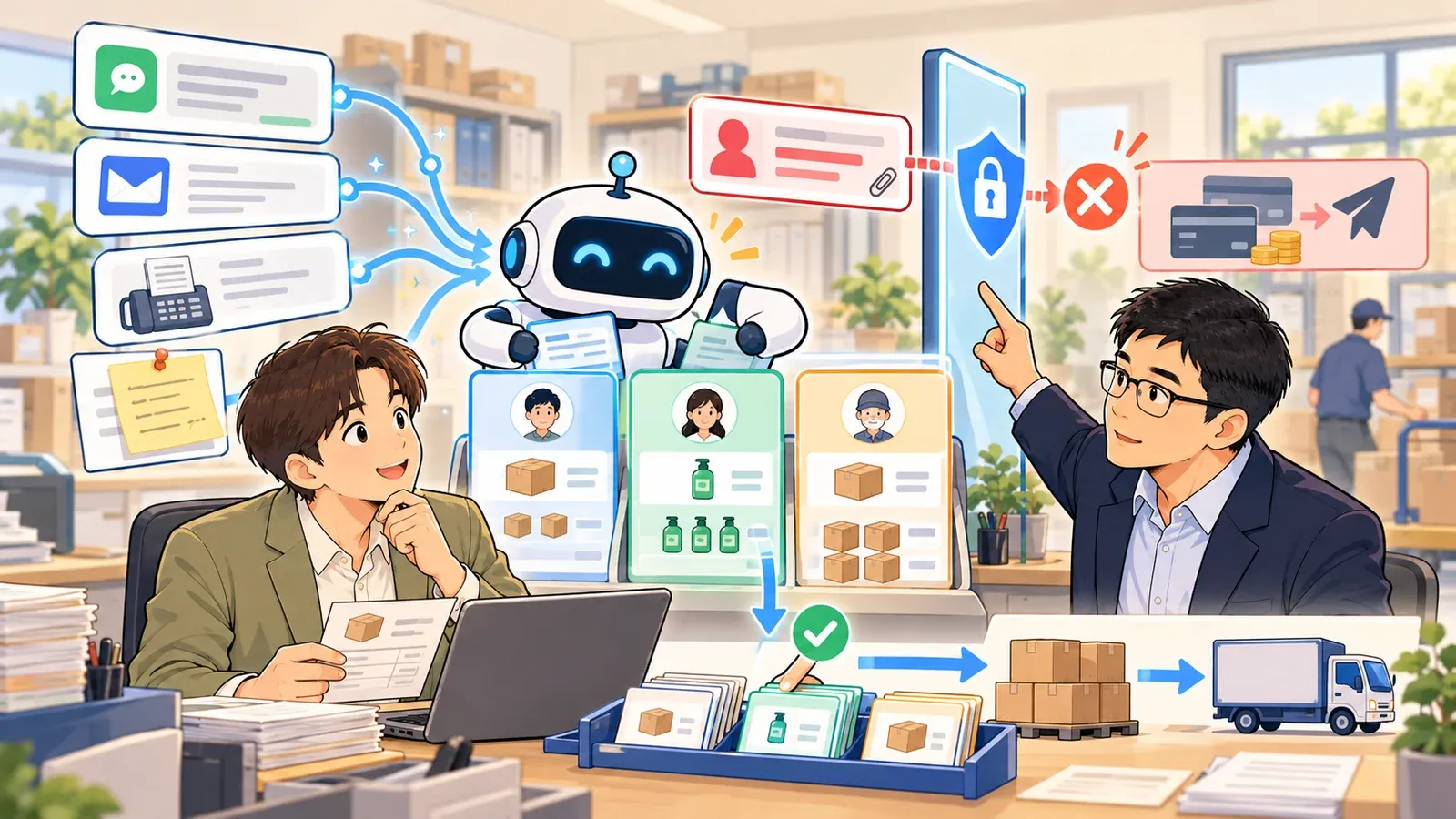 문자·메일·FAX 주문을 AI 로봇이 정리하고, 돈을 보내는 일 앞에는 사람이 확인하는 선을 긋는 사무실 장면