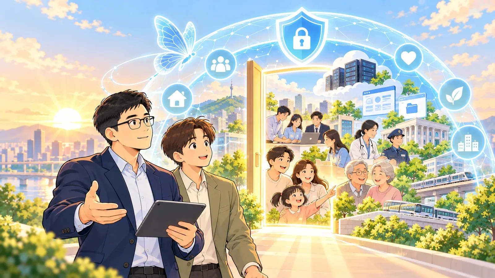 열린 문 너머 가족·직장·병원·학교의 사람들이 있고, 그 앞에 선 양진석 대표와 담당자, 하늘에 투명한 나비