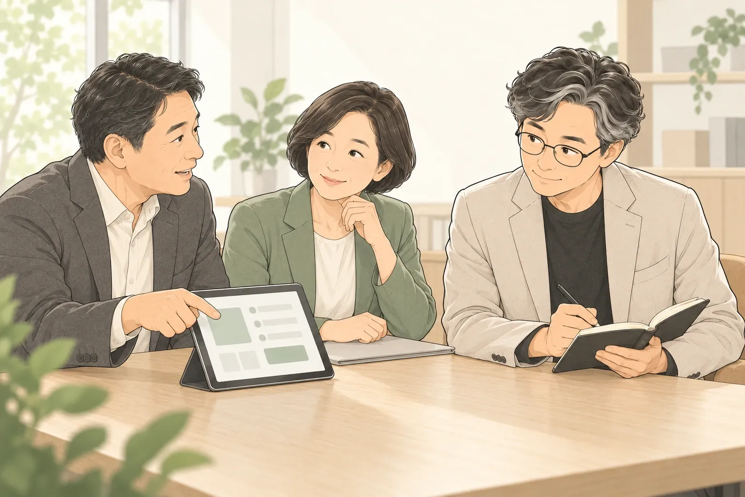 회의 테이블에서 고객이 태블릿 화면의 한 곳을 가리키며 설명하고, 옆의 동료가 귀 기울이는 가운데 양진석 대표가 미소 지으며 수첩에 받아 적는 모습