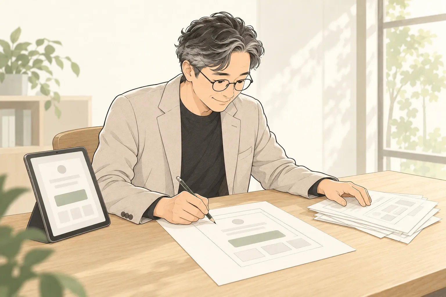 밝은 사무실 책상에서 양진석 대표가 연필로 화면 설계 스케치를 그리고, 옆에는 같은 화면을 띄운 태블릿과 앞서 그린 스케치 몇 장이 놓여 있는 모습