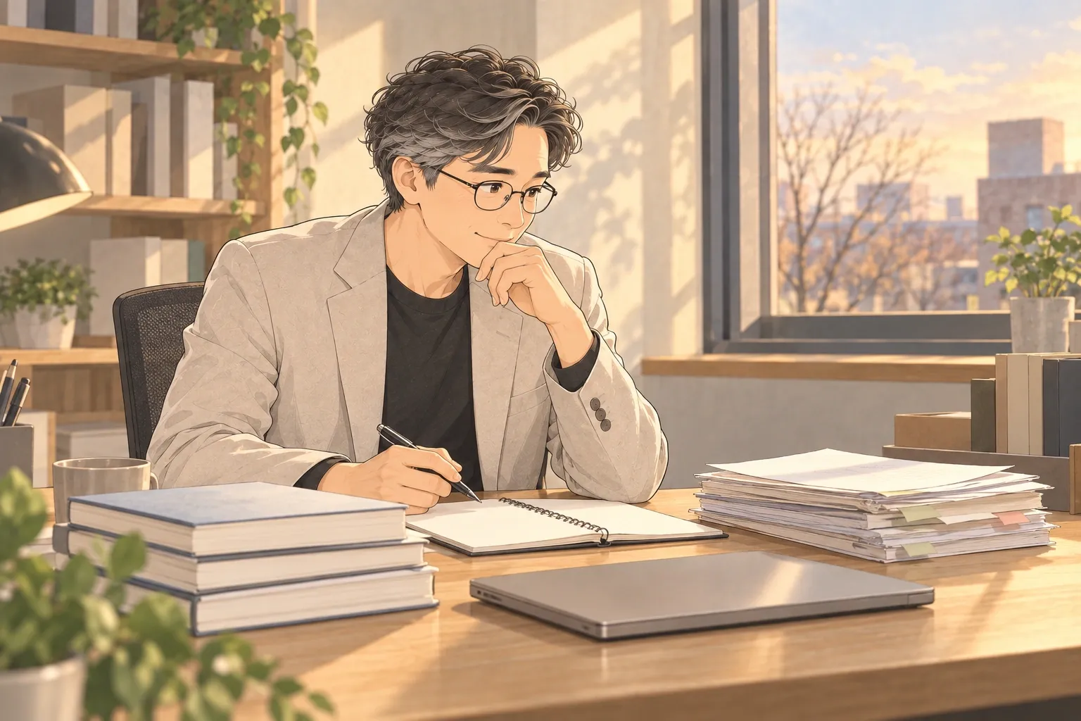 해 질 녘 햇살이 드는 책상에서 서류 더미와 책을 옆에 두고, 펜을 쥔 채 턱을 괴고 생각에 잠긴 양진석 대표