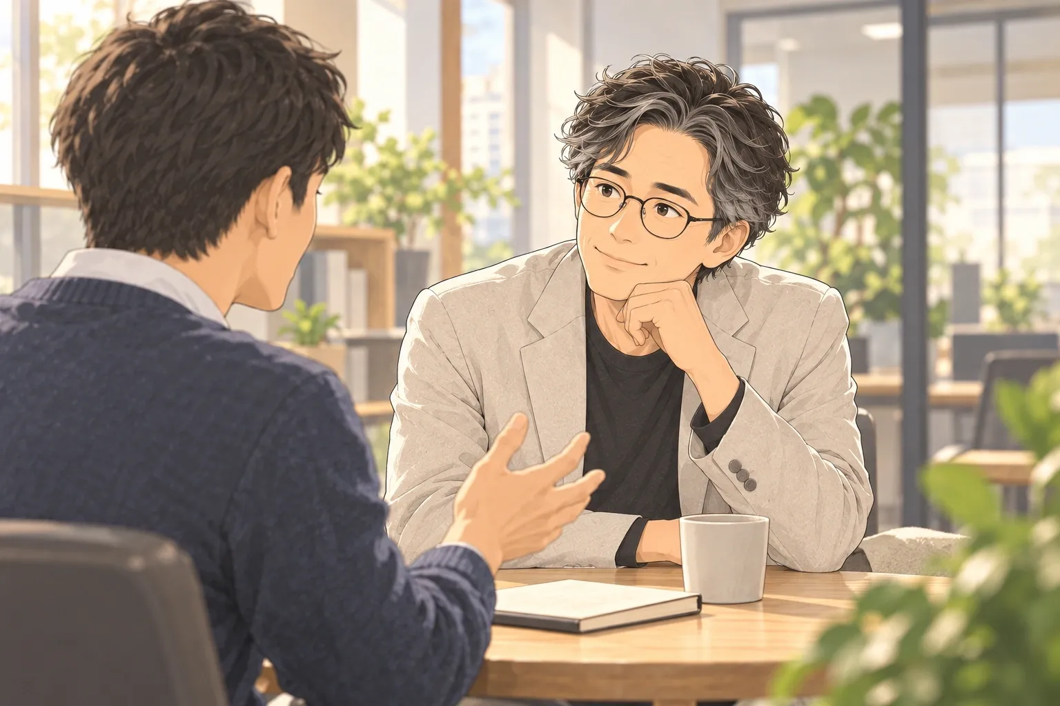 햇살 드는 사무실 테이블에서 마주 앉은 동료가 손짓하며 이야기하고, 양진석 대표가 턱을 괴고 미소 지으며 귀 기울이는 모습
