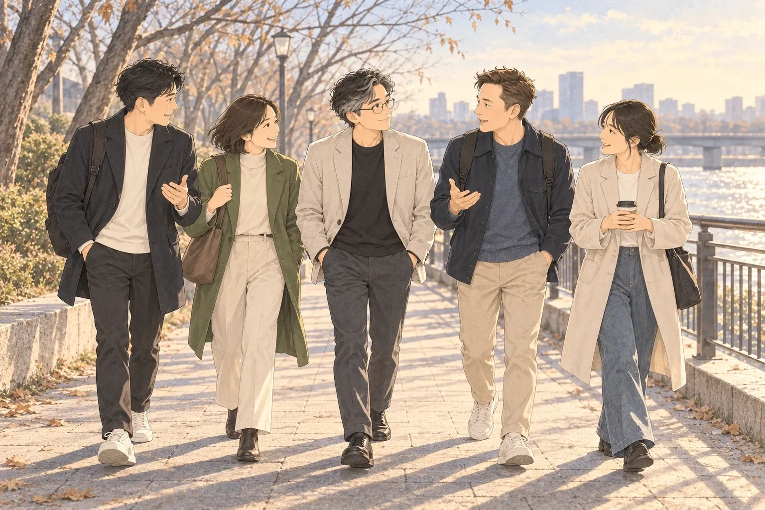 낙엽 진 강변 산책길을 동료 네 명과 나란히 걸으며 웃고 이야기하는 양진석 대표