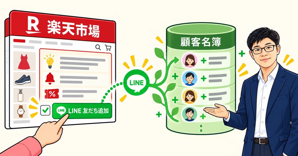 라쿠텐이치바 상품 페이지의 「LINE 친구 추가」 버튼을 누르면 그 사람이 초록색 고객 명부에 한 명씩 쌓여 가는 흐름을 그린 그림. 오른쪽에서 경영자가 그 명부를 손으로 가리키고 있다
