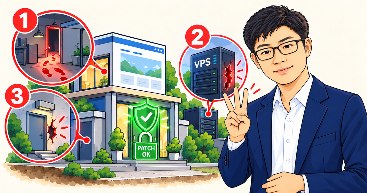 패치가 끝난 집에 남는 세 가지 위험(이미 들어온 흔적, 직접 관리하는 VPS, 다른 문의 구멍)을 손가락 세 개로 설명하는 따뜻한기술 양진석 대표 일러스트