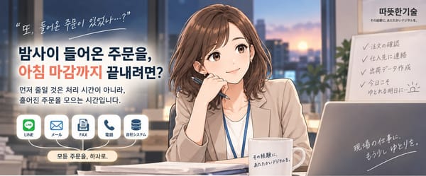 밤사이 들어온 주문을 아침 마감까지 끝내려면? — LINE·메일·FAX·전화·자사 시스템으로 흩어진 주문을 하나로 모으는 이미지