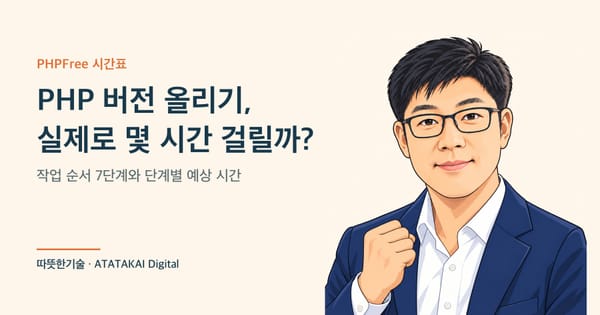 PHP 버전 변경의 작업 순서와 시간표를 설명하는 따뜻한기술 양진석 대표 일러스트