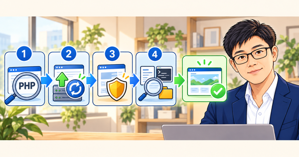 PHP 버전 확인, 업데이트, 보안 점검, 침입 흔적 확인을 거쳐 안전한 홈페이지에 이르는 네 단계와 따뜻한기술 양진석 대표 일러스트