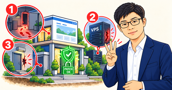 패치가 끝난 집에 남는 세 가지 위험(이미 들어온 흔적, 직접 관리하는 VPS, 다른 문의 구멍)을 손가락 세 개로 설명하는 따뜻한기술 양진석 대표 일러스트