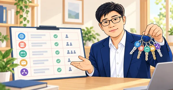 Illustration of Jeensuk Yang of ATATAKAI Digital explaining the five website keys a business owner should keep track of